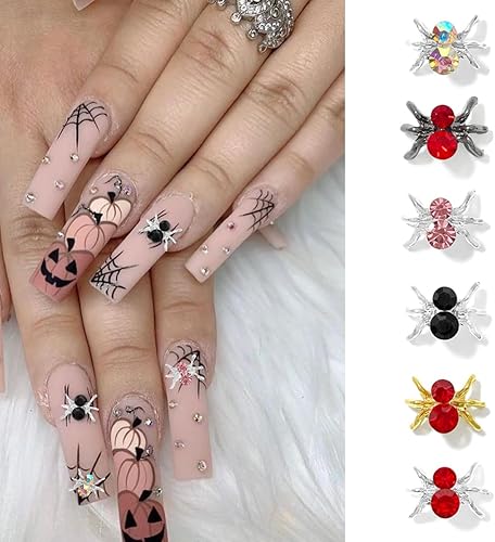 Miniatura 3 de 35 dijes de uñas de Halloween 3D para uñas acrílicas de araña, plateado, dorado, rojo, negro, diamantes de imitación de araña, aleación brillante,