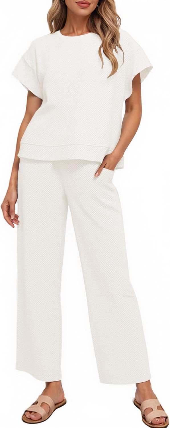 Bealin Track Suits for Women Set Short Sleeve Tops Wide Leg Pants 2 Piece Lounge Sets Loose Fit Matching Outfits