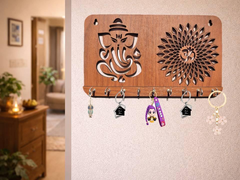 My Dream Carts Ganesha Om Chakra Key Holder for Home Decor Items | Stylish Key Hanger Wall Mounted | Handicraft Key Chain Stand | Wooden Keychain Hangers for Office Decoration | Wood Keys Organizer 4
