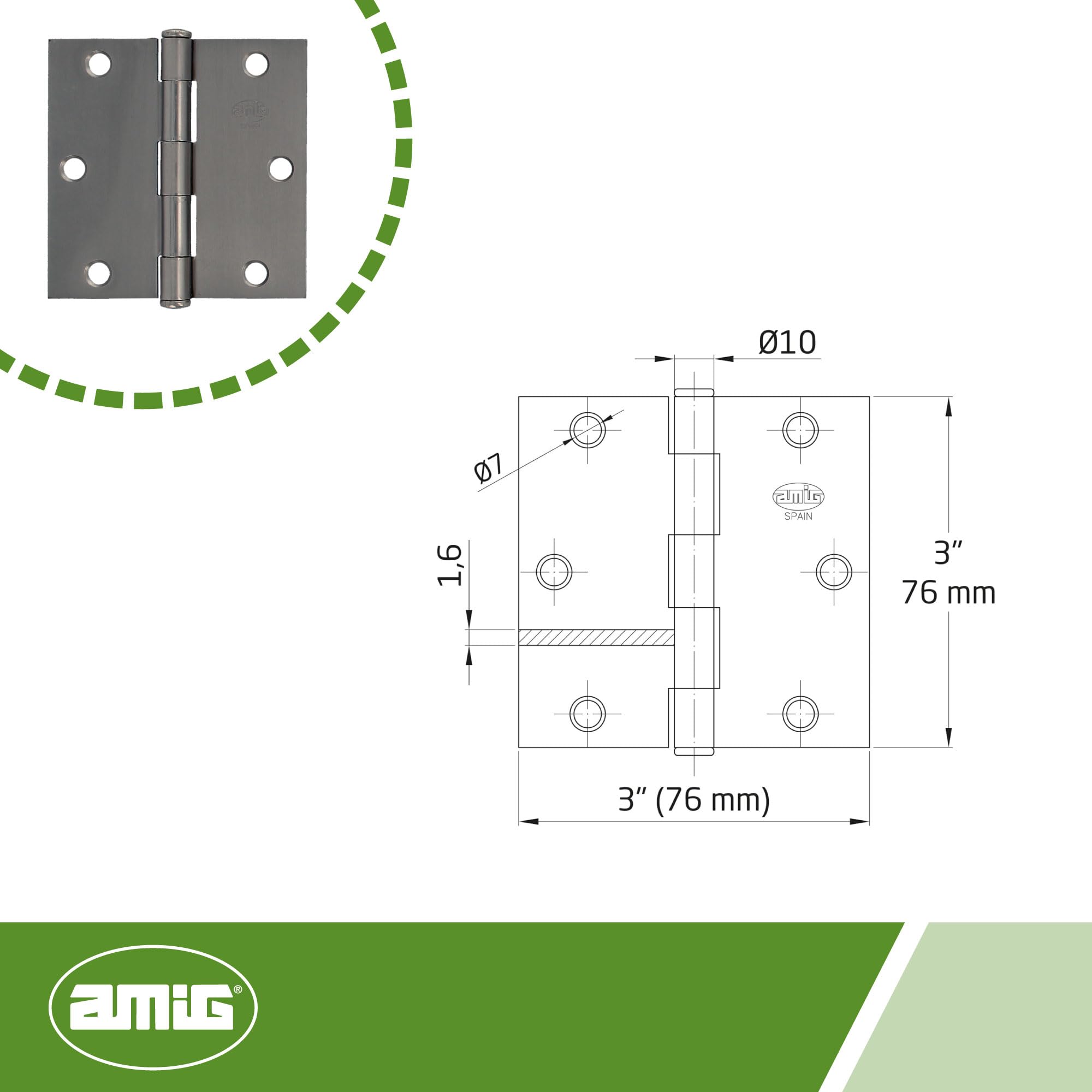 Amig, Security Hinge, 3'' x 3'' (76 x 76 x 1.6 mm), Square Edges, Flat Finial, Holds Entry Doors Firmly - Image 4