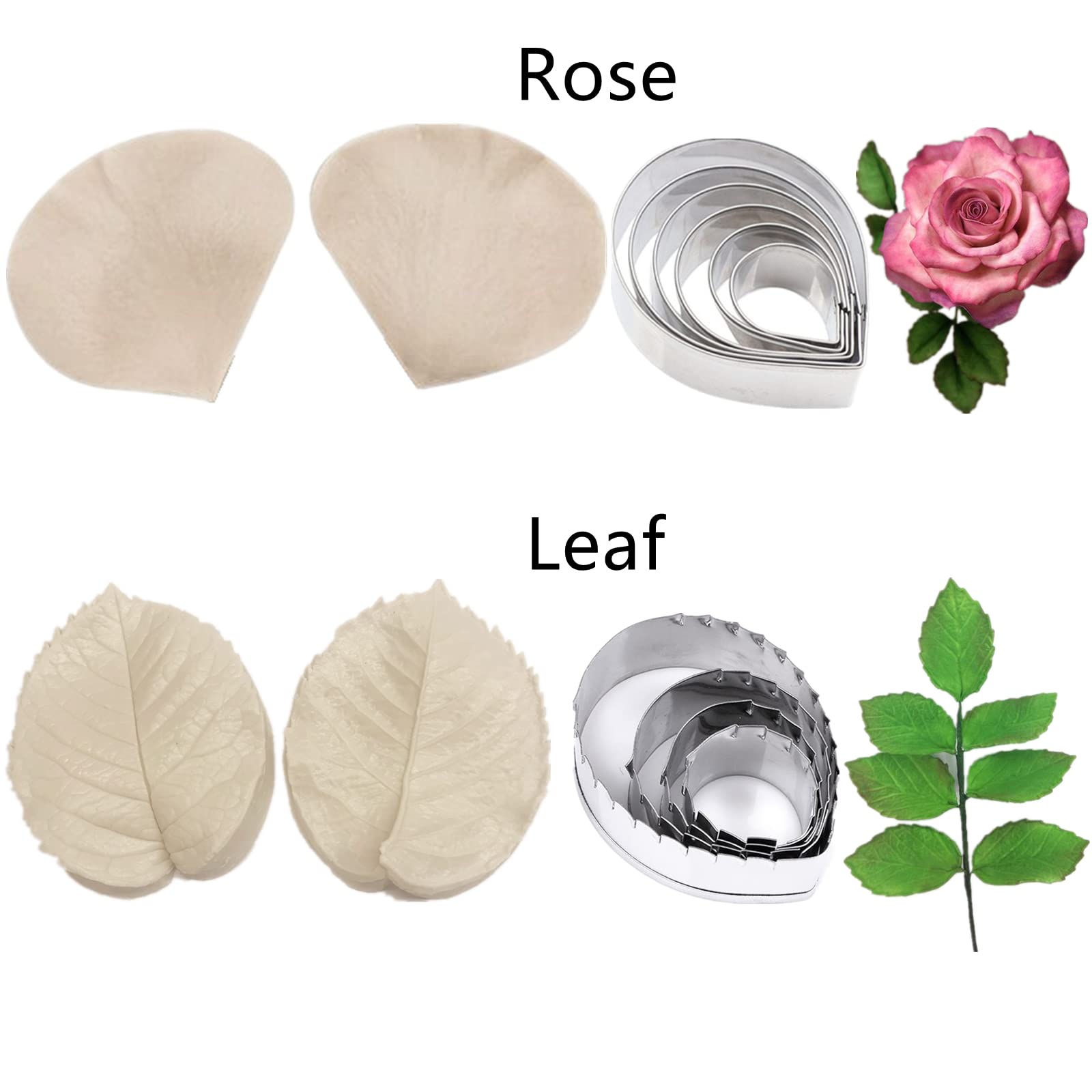 60 Stück Blütenpaste, Blumen- und Blatt-Werkzeug, 6 Set Fondant-Blumen-Silikonformen, 6 Set Gummipasten-Schneider, 20 Stück Zuckerpaste, Modellierwerkzeug, 6 Pinsel, 1 x Blütenblatt-Blätter,
