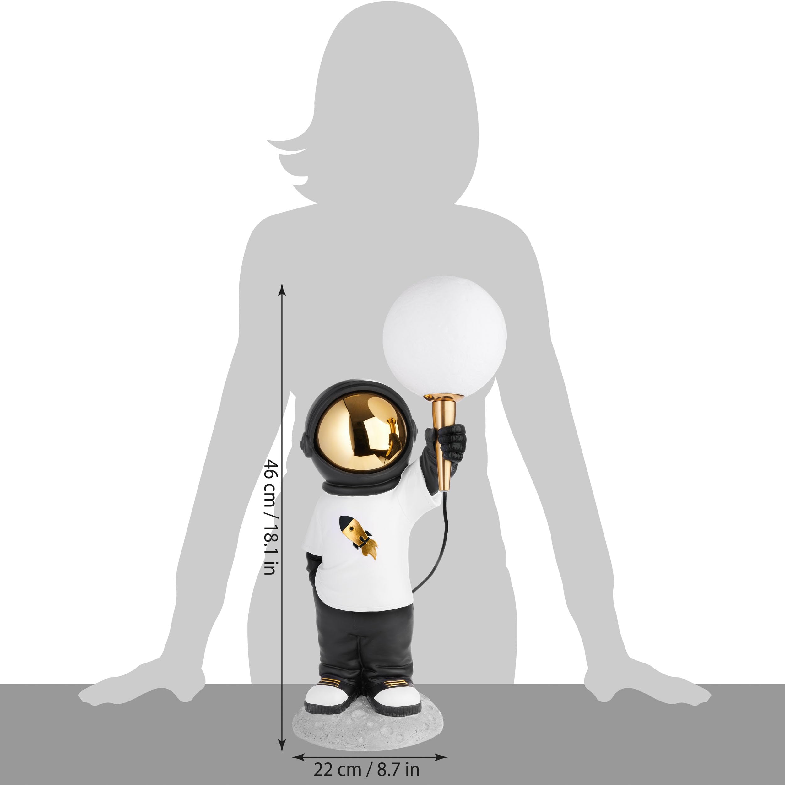 BRUBAKER Astronauten Tischlampe - 46 cm Weltraum Nachttischlampe mit USB-C Stecker - Handbemalte Dekofigur Statue mit Mond Lampe - Gold, Weiß und Schwarz