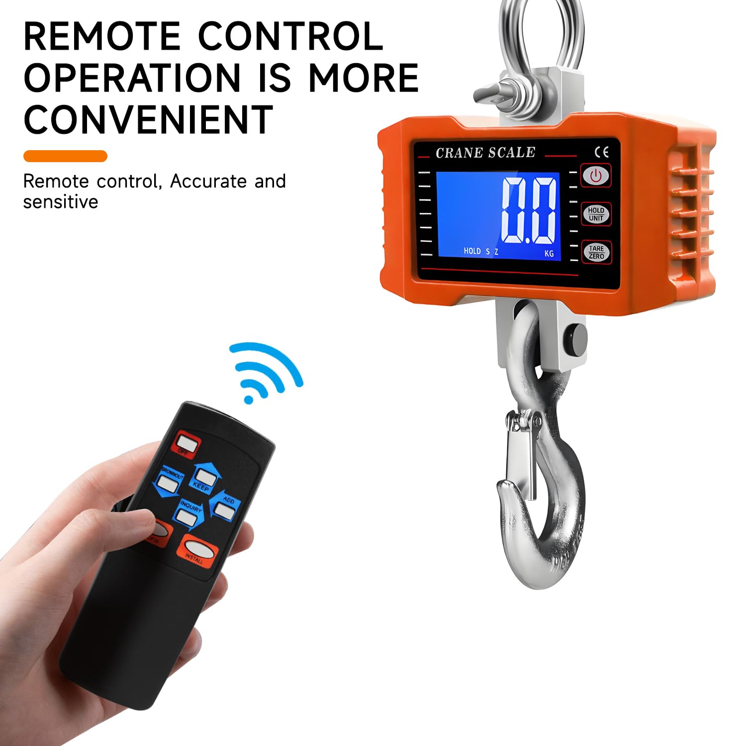QUMOX Balance suspendue numérique 1000 kg avec télécommande – Boîtier robuste en alliage d'aluminium, crochet en acier fin, écran LCD rétroéclairé, alimentation par piles,Orange