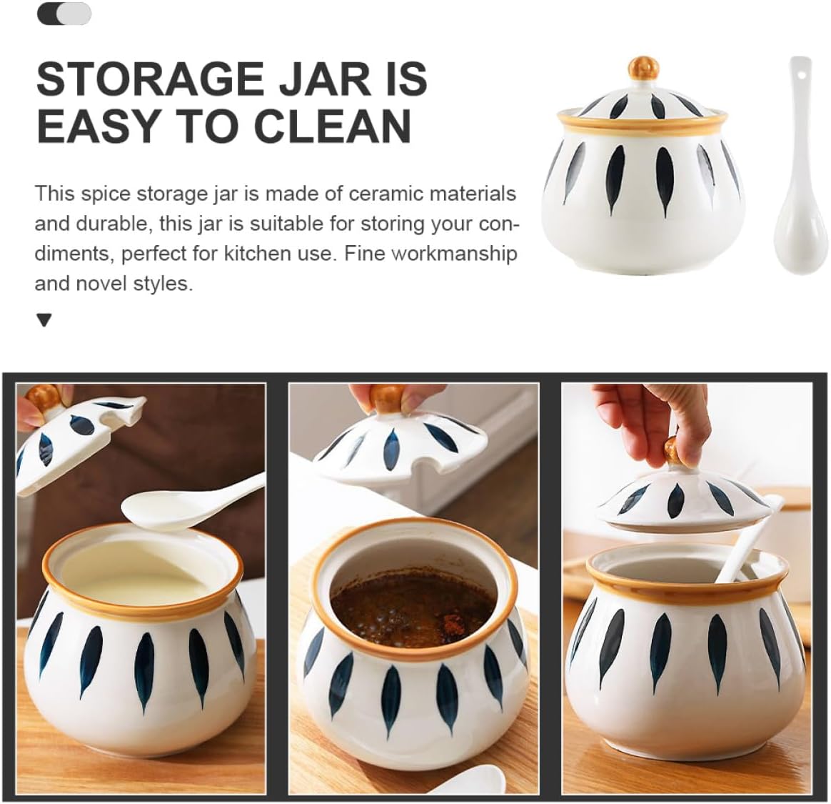 VICASKY Ceramic Condiment Pot for Salt and Sugar, Large Opening Home Jar