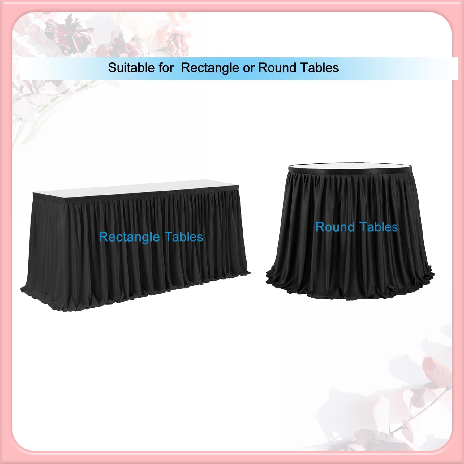 Black 12ft Table Skirts for Rectangle Tables, Ruffle Desk Skirt for Baby Girl Shower Wedding Reception Unicorn Theme Birthday Party Décor Summer Banquet Table Decorations