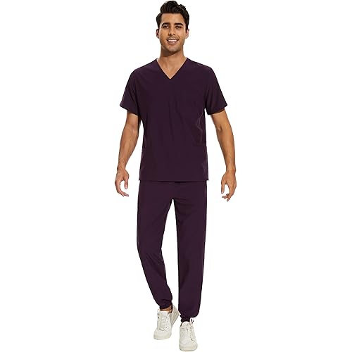 COZYFIT Men Scrubs Set - Stretch V-Neck Scrub Top & Jogger Pant with 8 Pockets, Yoga Waistband, Anti-Wrinkle Scrubs for Men