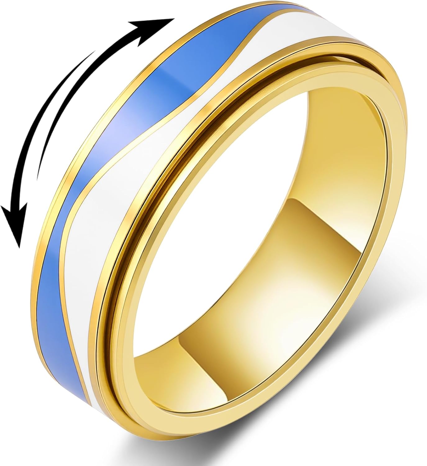 OreilleStar Fidget Anxiety Relief Ring for Women: Blue Sky and White Cloud Stripes Outer Band Fidget Toys Adults Stainless Steel Spinner Thumb Rings for Men Silver Gold Plated Size 5-10