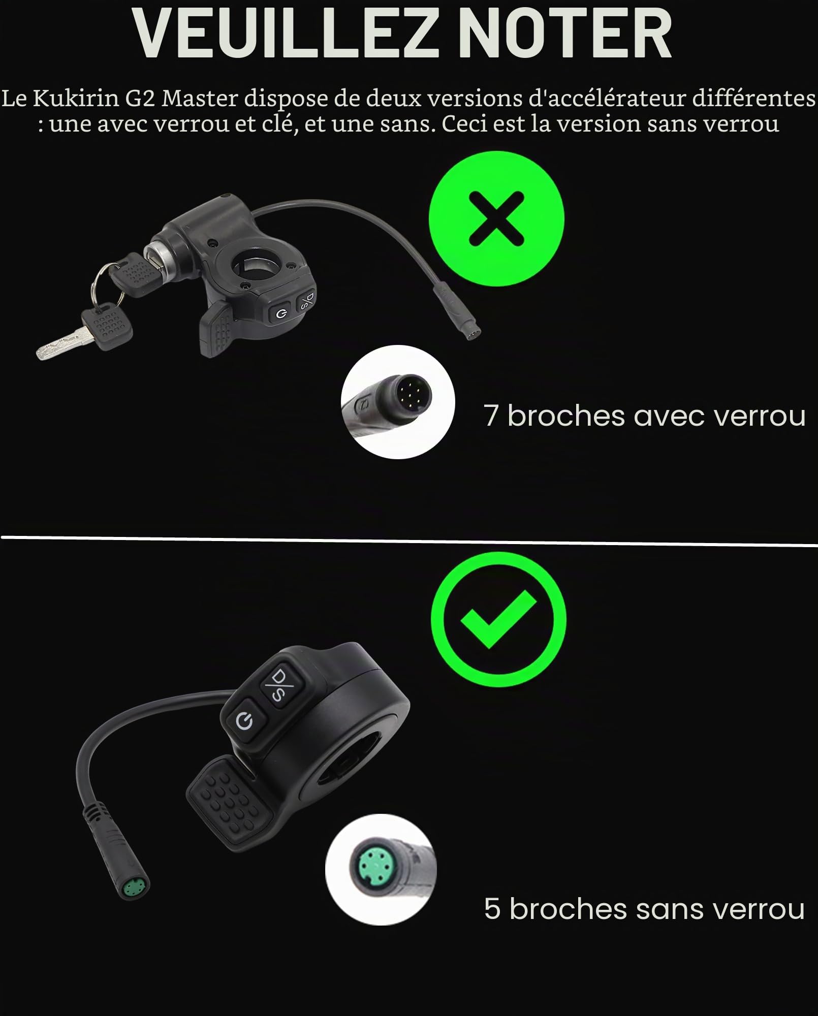 Interrupteur de commande simple/double intégré compatible avec Kukirin G2 Master, interrupteur d'alimentation de l'accélérateur à 5 broches pour le contrôle de la vitesse au pouce Accessoires