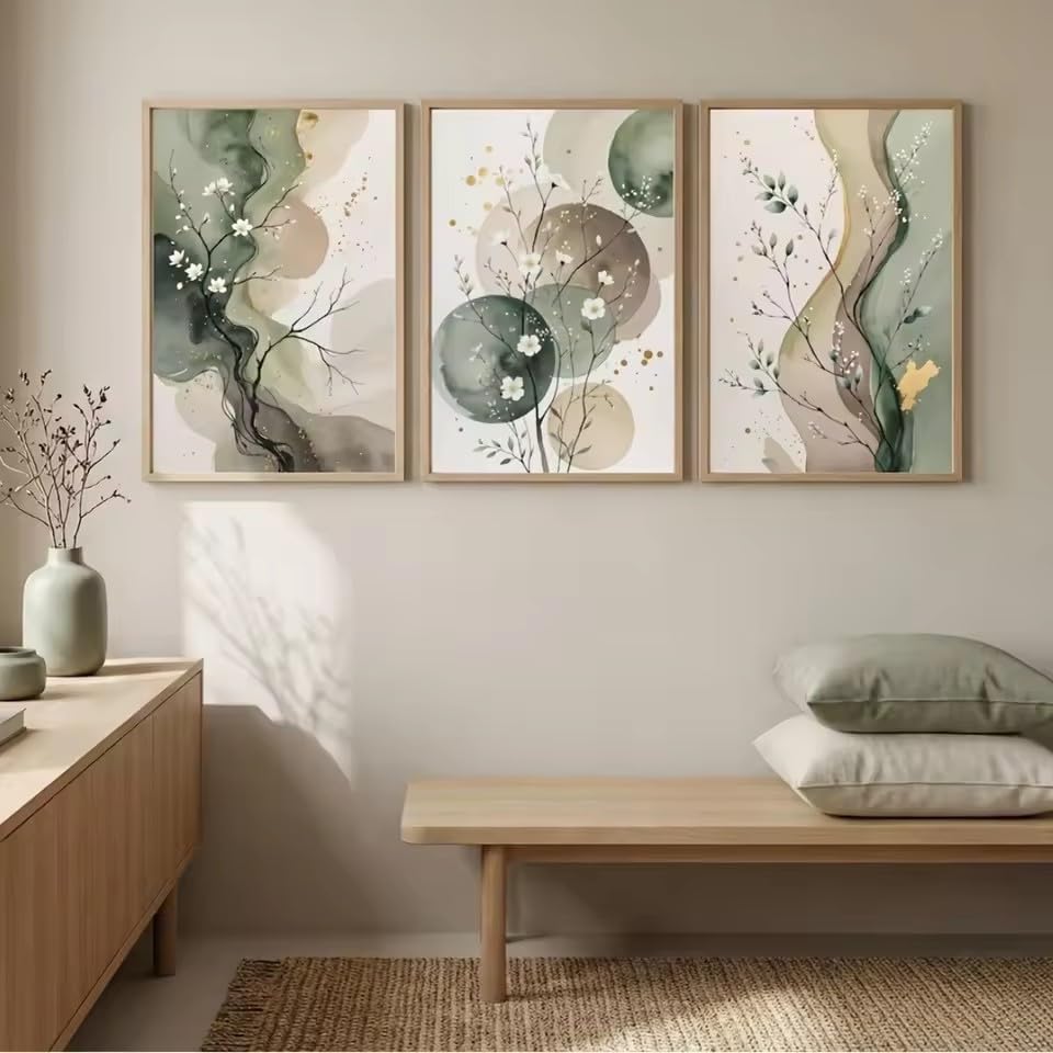 3 láminas de lienzo con estampado floral abstracto en verde salvia de Japandi, arte botánico moderno (70x100cmx3/Sin marco)