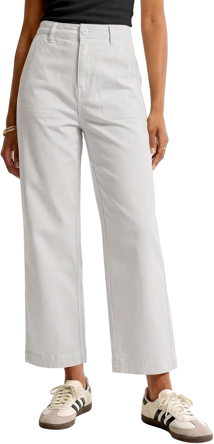 GRAPENT Wide Leg Pants for Women Cropped Chino High Waisted Business Casual Elastic Waist Work Trouser Pants with Pocket