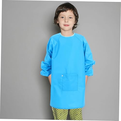 Miniatura 4 de Delantal de pintura de manga larga azul con bolsillo para fácil acceso a pinceles y suministros para dibujo artístico y comer