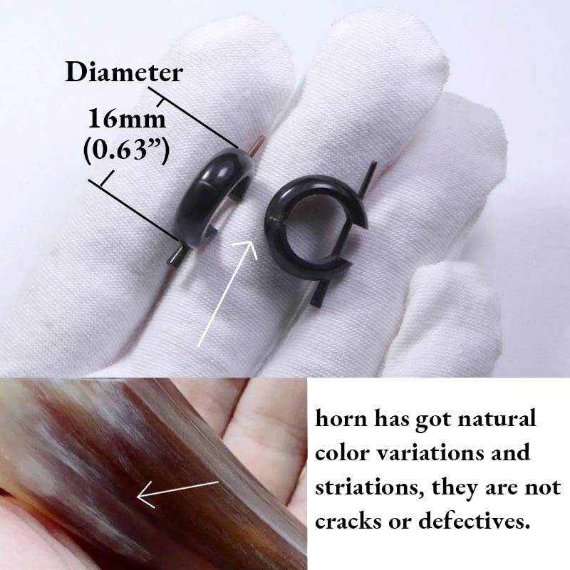 Unisex Black Natural Horn Tribal Hoop Earrings with Stick Posts, Handmade Carved Round Huggie Earrings Jewelry 16-17mm4