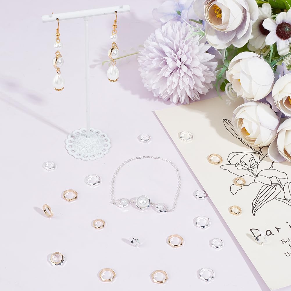 CREATCABIN 48Pcs/Box 24K Gold Plated Hexagon Bead Frame 2 Hole Spacer Brass Circle Round Frame Connector Ring 925 Sterling Silver Plated for Beading Earring Bracelet Necklace Jewelry Making Craft