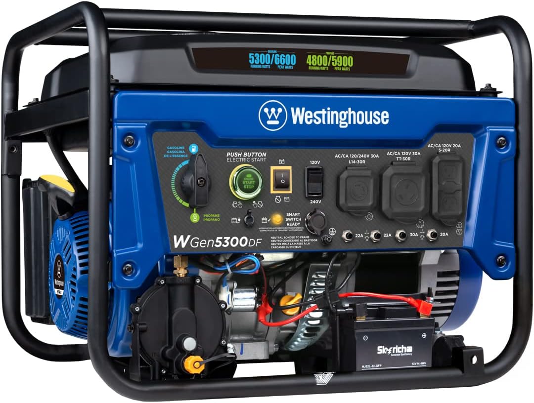 Westinghouse WGen5300DF Dual Fuel Home Backup Portable Generator, 6600 Watts, Remote Electric Start with Auto Choke, Transfer Switch Ready, RV Ready Westinghouse WGen5300DF Dual Fuel Home Backup Portable Generator, 6600 Watts, Remote Electric Start with Auto Choke, Transfer Switch Ready, RV Ready