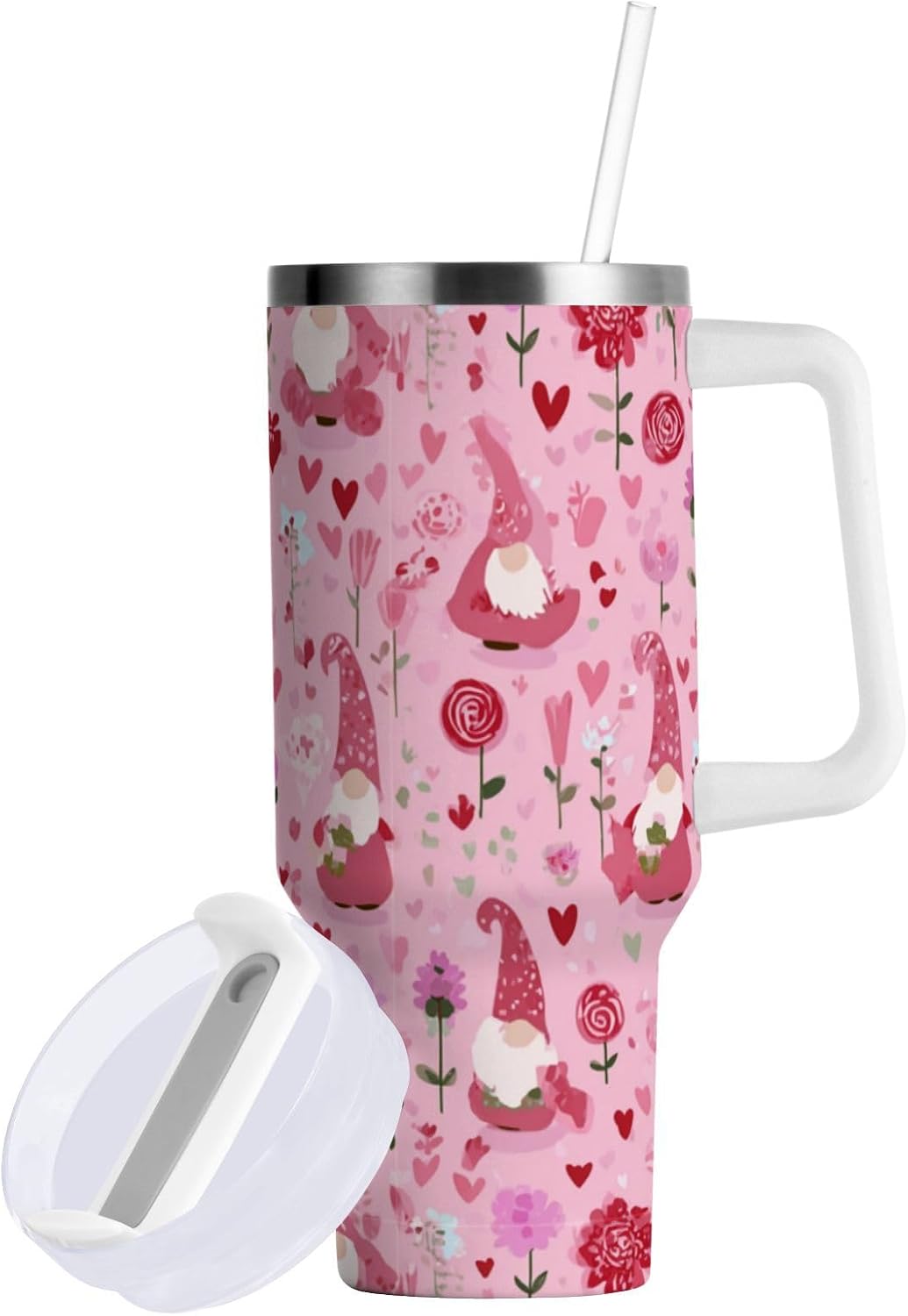 Boccsty Valentine's Day pink Gnome Hearts Insulated Tumblers Reusable Stainless Steel Tumbler 40 oz Cup Coffee Travel Mug Water Bottle with Handle & Flip Straw for Home Office Car