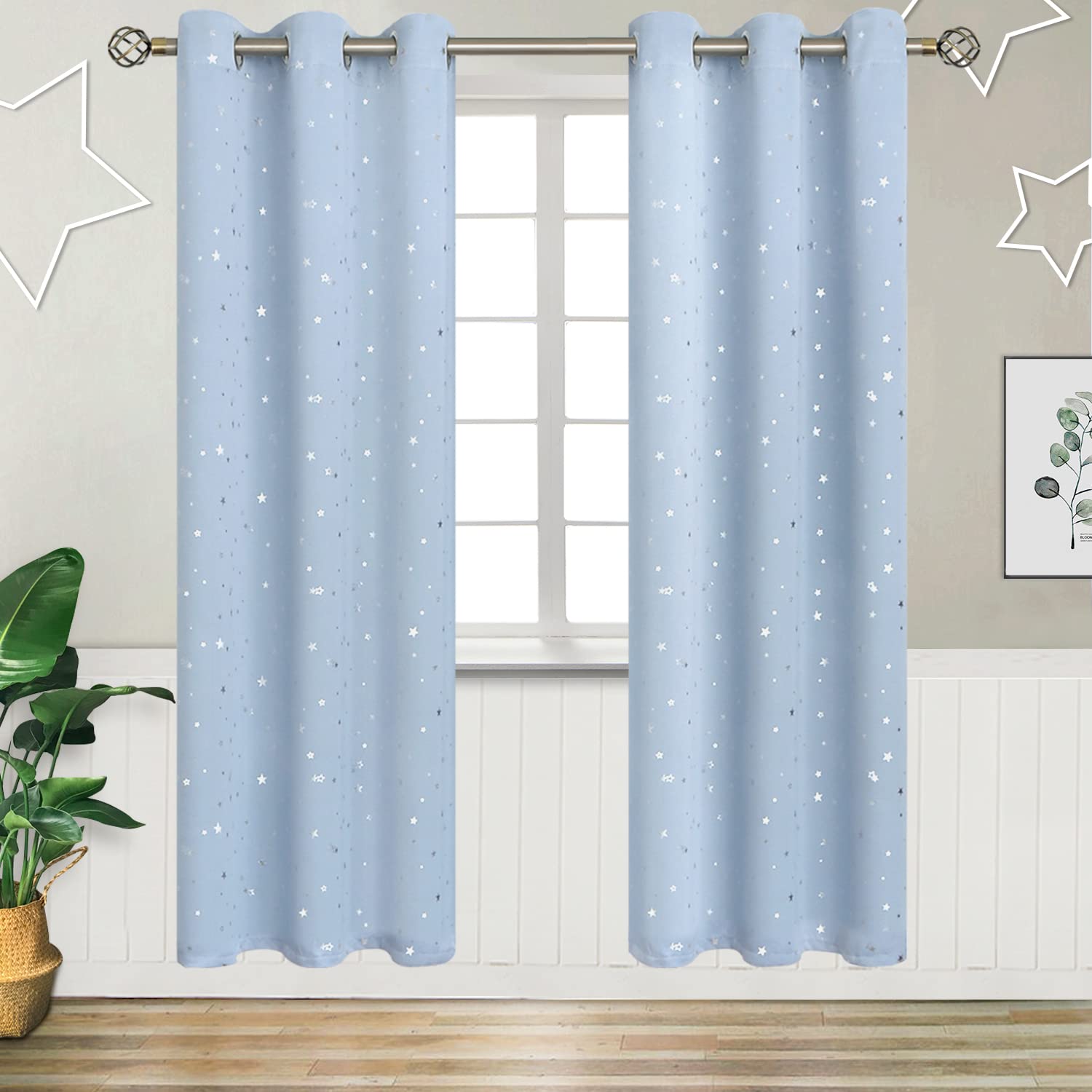 BGment Kids Blackout Curtains for Bedroom - Grommet Thermal Insulated Silver Star Print Room Darkening Curtains for Kids Room, Set of 2 Panels, 38 x 84 Inch, Baby Blue