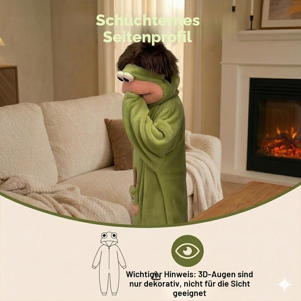 Virelia Lustiger grüner Monster-Einteiler mit großer Öffnung, Unisex, für Erwachsene, Teenager, ultraweich, Plüsch, mit Kapuze, einteiliger Schlafanzug mit Taschen, lässige Loungewear für Filmabend