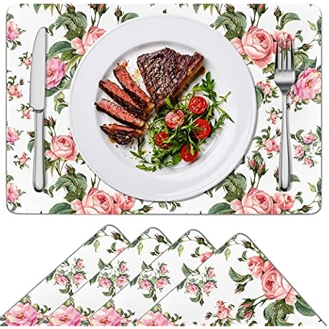 Ynaice Placemats Set of 4, Summer Floral Placemats Heat Insulation PU Leather Table Mats Seasonal Holiday Kitchen Dining Table Mats Non-Slip Washable Waterproof Place Mats Indoor Outdoor Spring Decor Cover