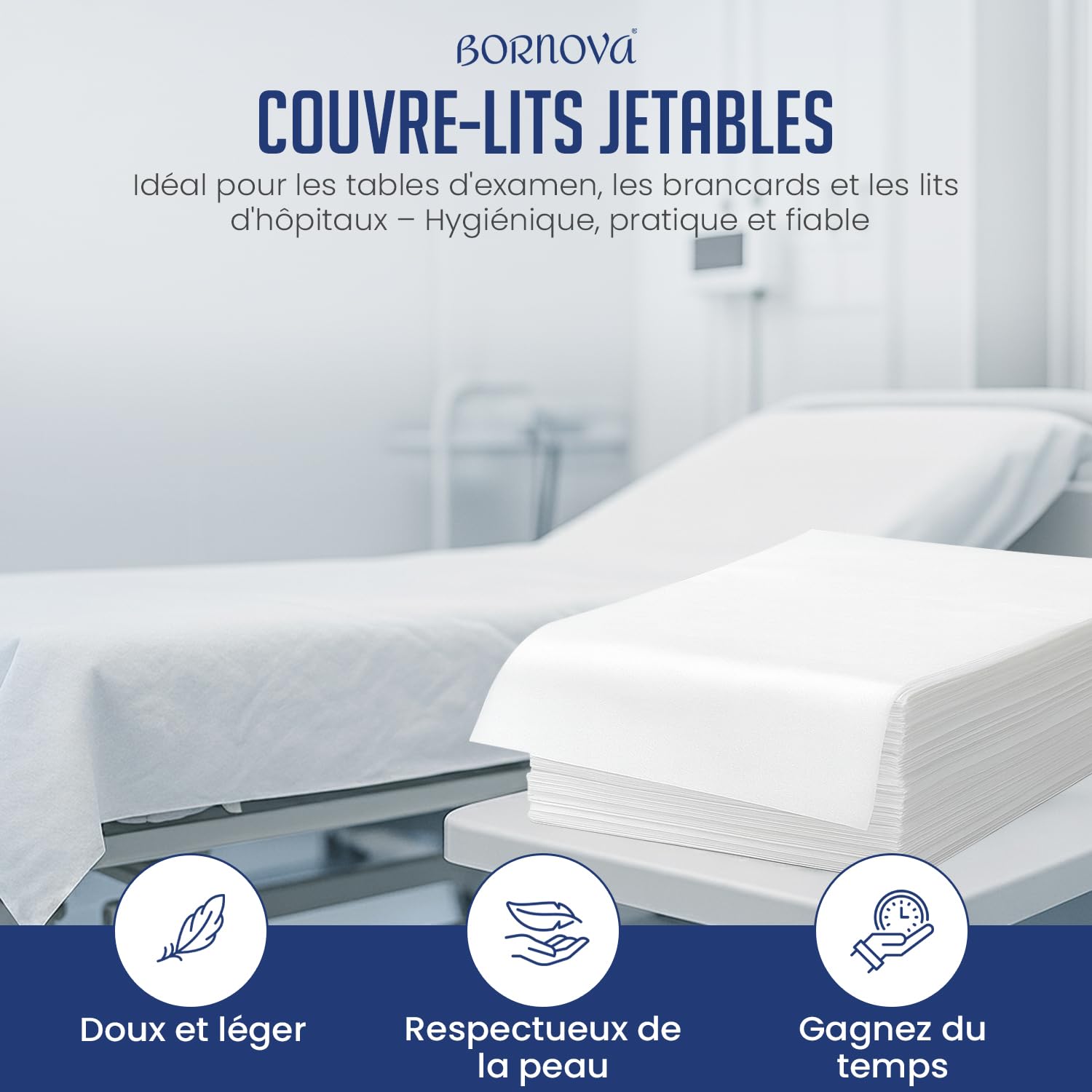 BORNOVA - Lot de 10 draps jetables 140x240 cm – Draps d'examen médicaux non-tissés – Draps médicaux d'examen usage unique – Drap table de massage, housse table massage