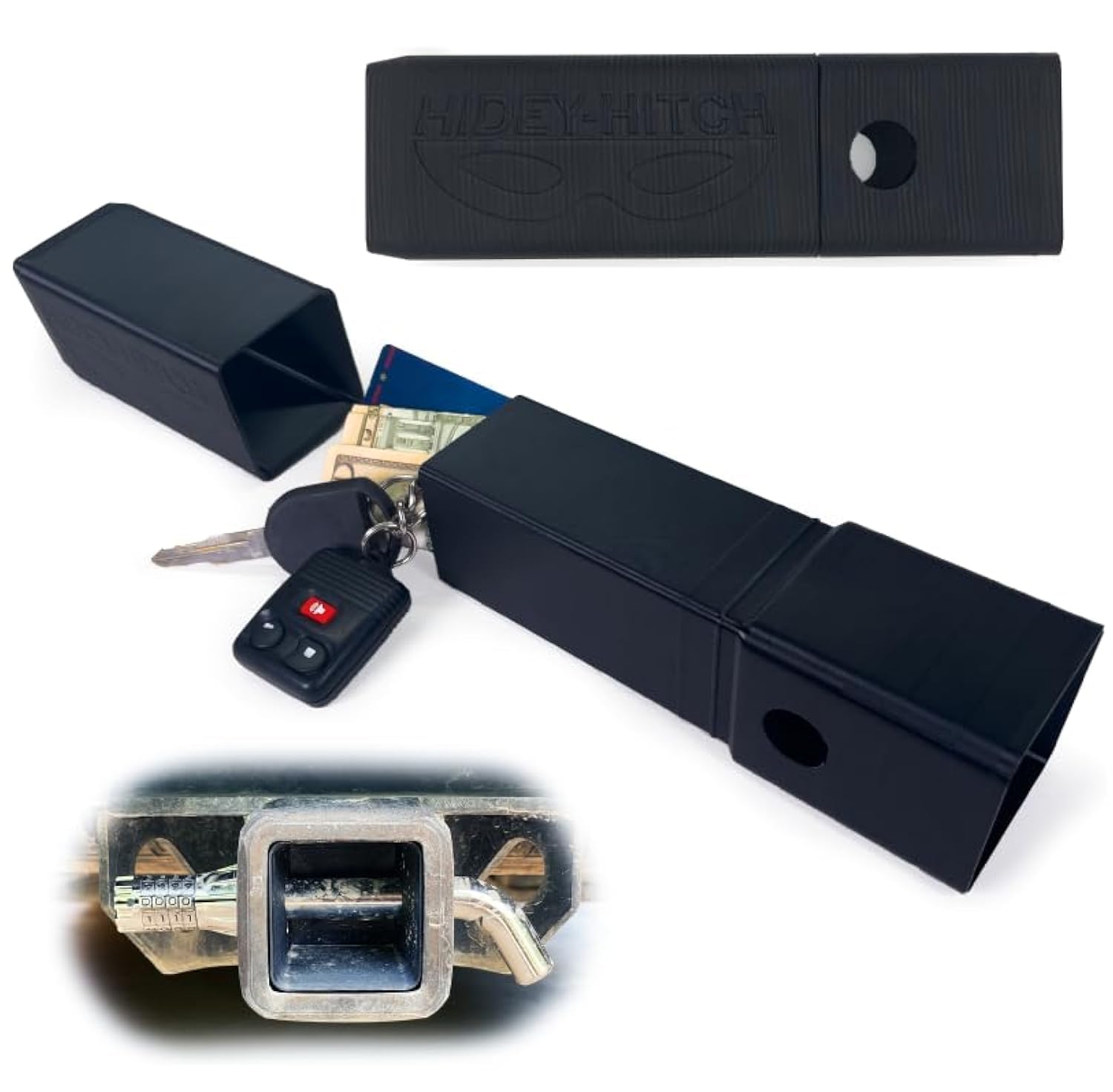 Hidey-Hitch Hidden Key Storage Inside Trailer Hitch Receiver, Secret Recessed Sturdy and Secure Storage for Key Fobs and Money
