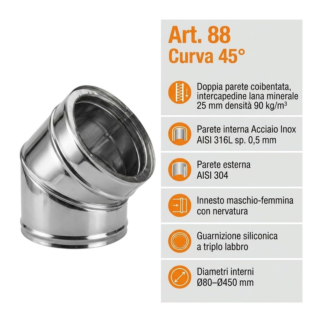MAKA Curva 45 Gradi Canna Fumaria Doppia Parete Inox Ø 200 mm