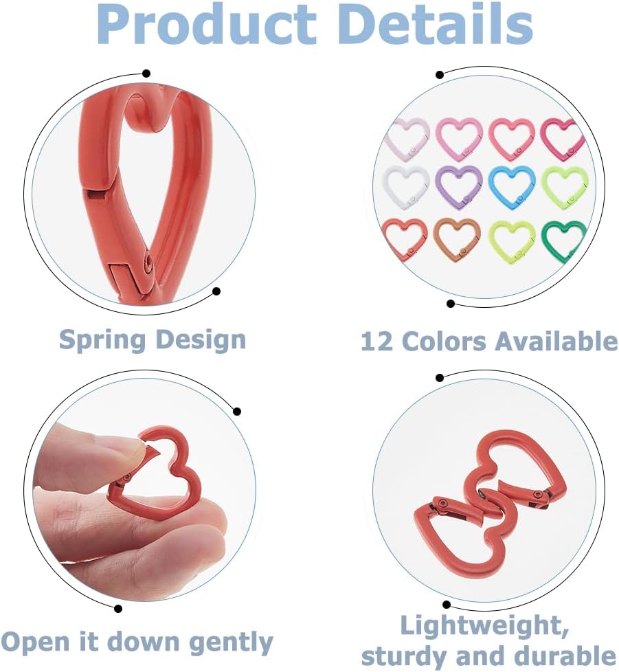 36Pcs 12 Colors Heart Spring Gate Rings Alloy Connector Clasps Colorful Keychain Buckles Lanyards Backpack Clasps for Brecelet Neckalce Jewelry DIY Craft Making - Image 4