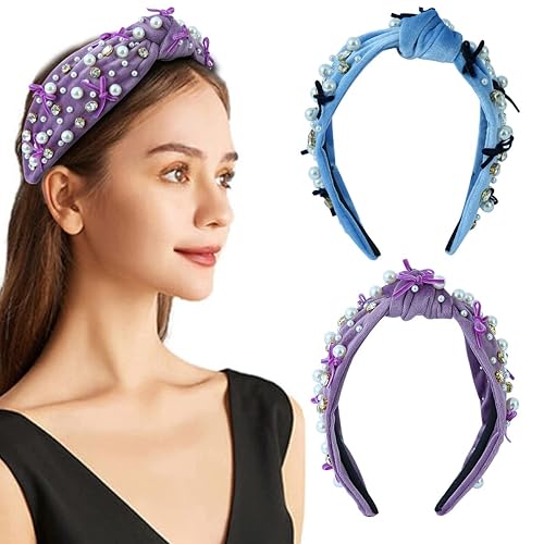 Miniatura 2 de Paquete de 2 diademas anudadas de cristal con diamantes de imitación, accesorios para el cabello de lujo con lazo nacarado, para vacaciones,