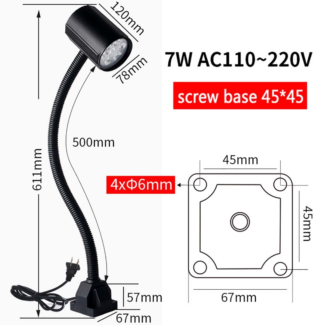 IP68 Wodoodporna Elastyczna Lampa z Gęsią Szyją, Przeciwwybuchowa Lampa Sprzętowa 120Lm/W Lampa Robocza LED Z Mocowaniem Śrubowym, Do Oświetlenia Przemysłowego (Rozmiar: 110~220V,