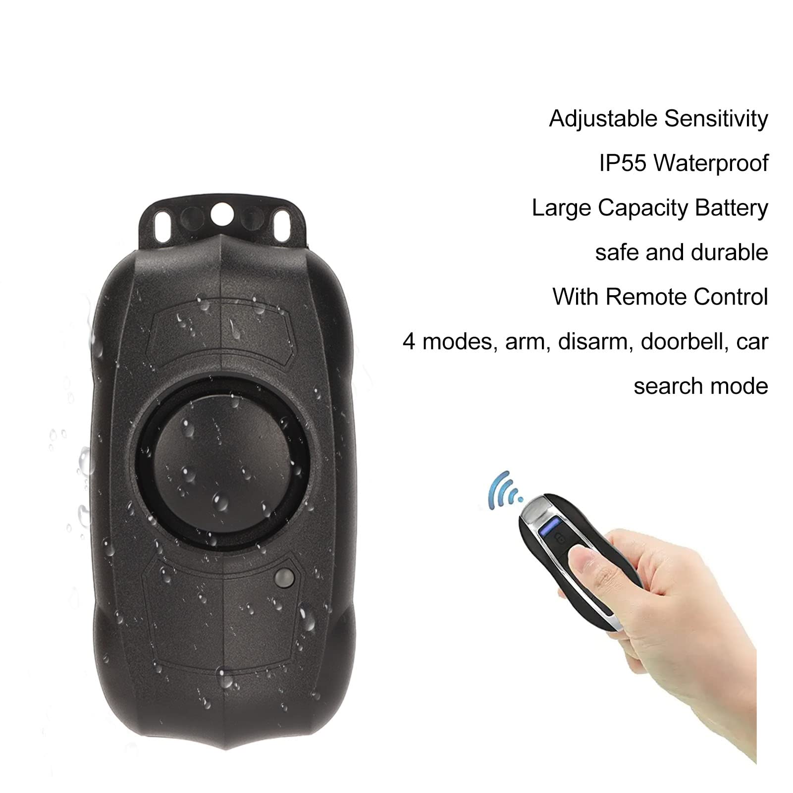 Alarm rowerowy, IP55 Wodoodporność 113dB 5 poziomów Czułość regulowana 4 tryby Alarm motocyklowy Akumulator Łatwy w instalacji Alarm bezpieczeństwa roweru z pilotem