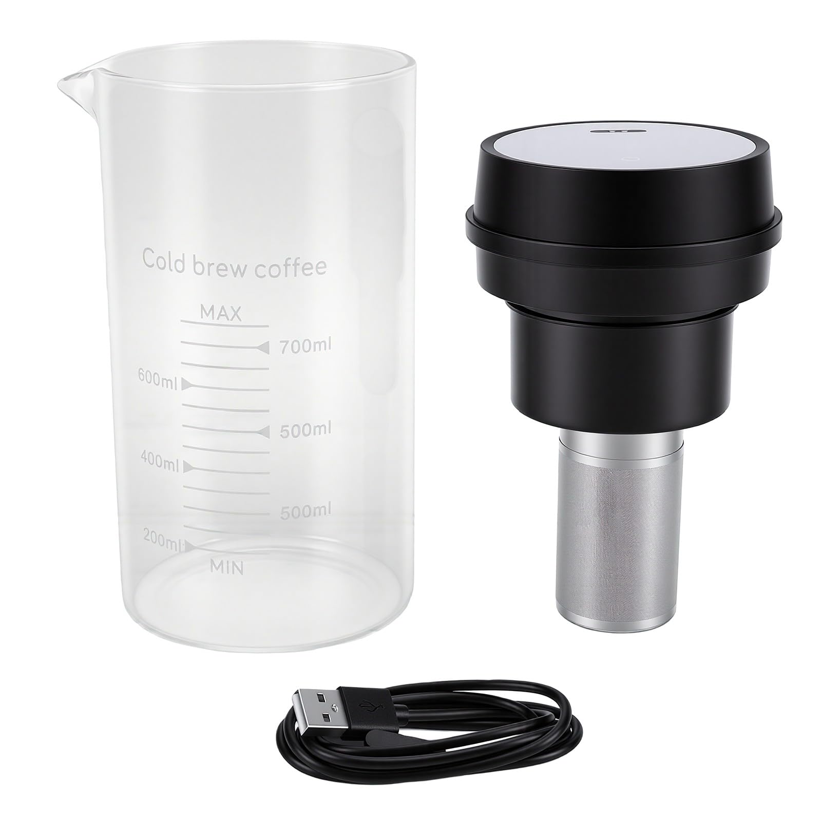 Fockety Caraffa per caffè Cold Brew, Infusore Elettrico Ricaricabile per tè, 700 Ml con Coperchio Ermetico Antigoccia e Filtro in Acciaio Inox for Casa e Ufficio (Black)
