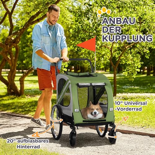 PawHut 2-in-1 Hundeanhänger & Hundebuggy, Hundefahrradanhänger Fahrradanhänger, Hundewagen mit Reflektoren für Mittelgroße Hunde bis 20 kg, Oxford-Gewebe, Grün