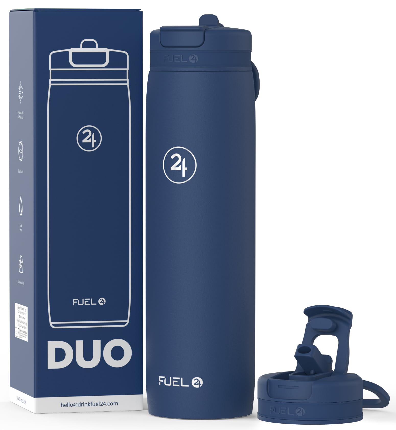 Fuel24 Duo - Stainless Steel Water Bottle 700ml or 1L - Vacuum Insulated Metal Flask with Straw (Dual use Lid) 1 Litre - for Sports, Gym, Work – Slim Design (Midnight, 700 ml)