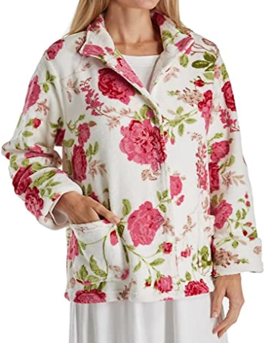 LA CERA Women Floral Microfleece Bed Jacket with Mandarin Collar, Long Sleeves, Front Pockets, Button Front, 100% Polyester - Image 3