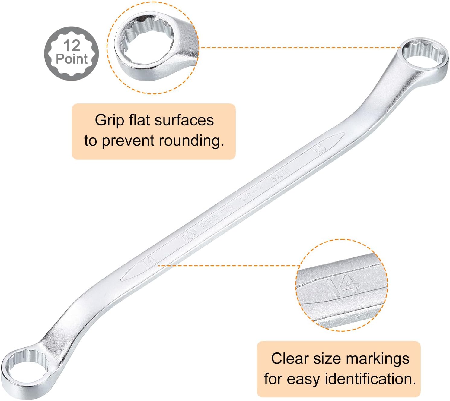 HARFINGTON 45-Degree Offset 14mm x 15mm 12 Point Metric CR-V Double Box End Wrench Chrome Vanadium Steel Long Offset Torx Box Wrench for Automotive Home Repair Tool