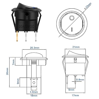 Round Toggle Switch 12 V DC 20 A 3 Pin Switch with 5 LED Colours