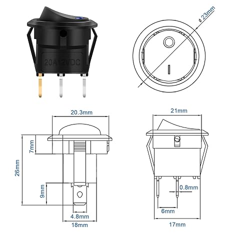 Round Toggle Switch 12 V DC 20 A 3 Pin Switch with 5 LED Colours