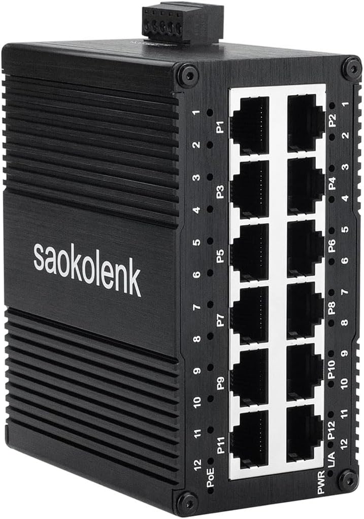 12 Port Industrial Unmanaged 60W Gigabit PoE Ethernet Switch,12 Port RJ45 10/100/1000Mbps Din Rail Mount Ethernet Switch,Wall Mounts Network Switch,-40°F to 167°F,IP40 Aluminium Shell (60W PoE Type)