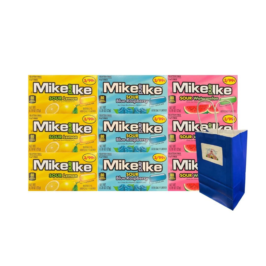 Variety Pack Mike and Ike Candy 9 Count Sour Flavors Blue Raspberry Watermelon Lemon 0.78 Oz Each with Blue Paper Gift Bag 5.25x3.2x8 Inch, Candy