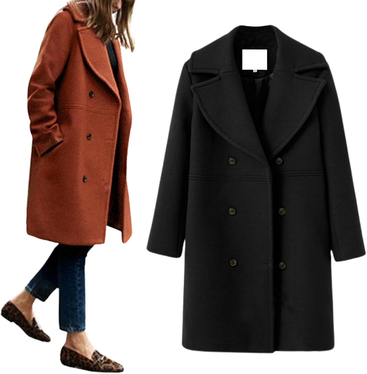 utcoco Women's Wool Blend Double Breasted Pea Coat Notched Lapel Mid Long Trench Overcoat with Pockets