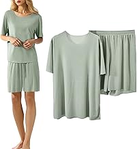 Bastwahl Ensembles de Pyjama Femme en Coton Ete à Manches Courtes de Nuit Haut Lot de Deux Doux Confortable Col Rond Respirant D'intérieur Vêtements Automne et Hiver 3/4 Pantacourt