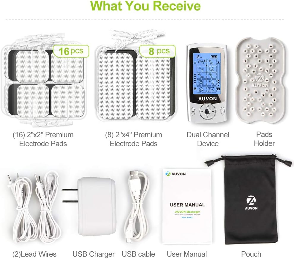 AUVON Dual Channel TENS Unit Muscle Stimulator (Family Pack), 20 Modes Rechargeable TENS Machine with Huge Pack of 24 Pcs Reusable TENS Unit Electrode Pads (2"x2" 16pcs, 2"x4" 8pcs) : Health & Household