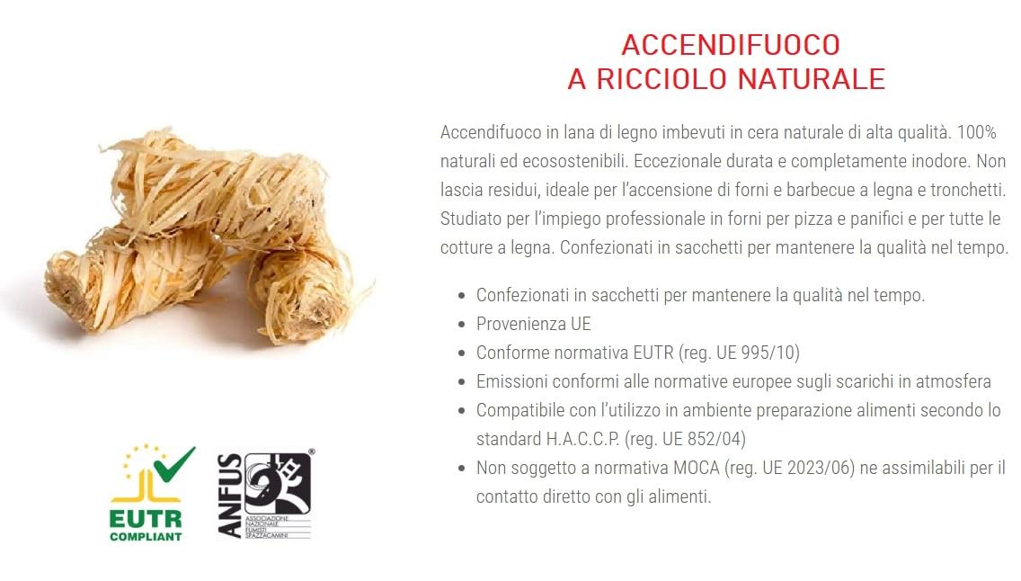 Accendifuoco a Ricciolo Naturale Familia Forni per Pizzeria ,Lana di Legno e Cera Naturale, Ecologico Inodore, 20pz(12, Accendifuoco a Ricciolo)