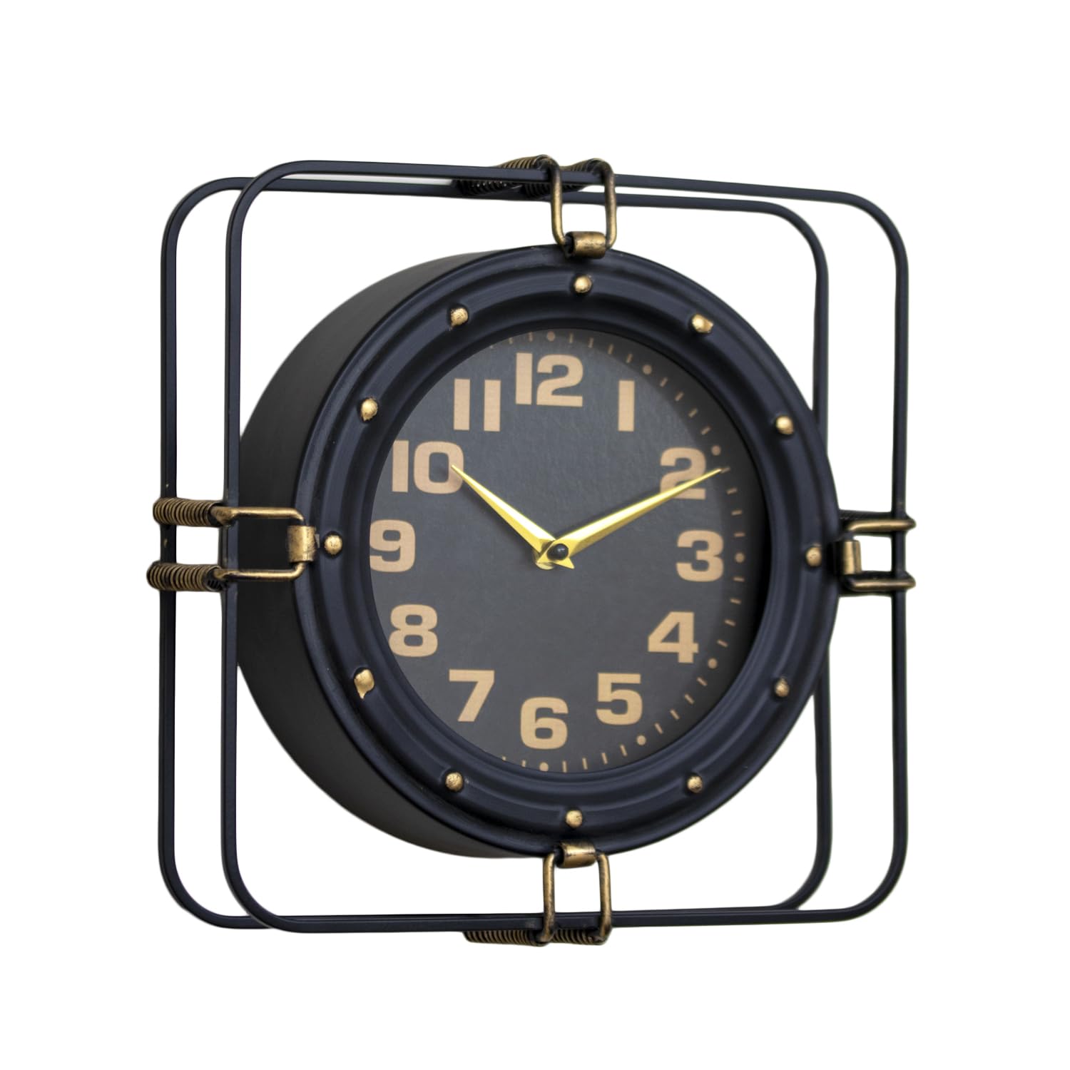 Darthome Black Industrial Wall Clock, Metal, Square Frame, Gold Hands, Arabic Numerals, Battery Operated, Factory Style, Vintage, 33x33cm