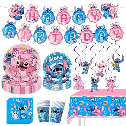 Stitch Party Supplies Birthday Party Decorations Set Includes Banner Plates Napkins Cups Hanging Swirls Tablecloth for Boys Girls Stitch Angel Party88PCS