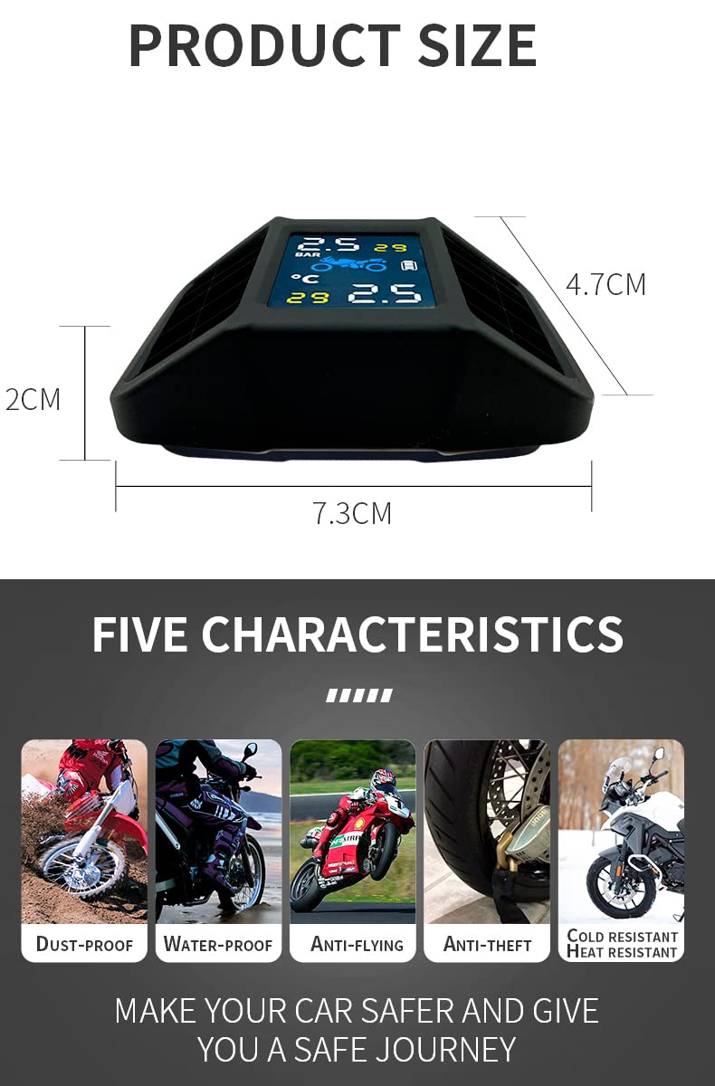 OBEST TPMS Solarowy system kontroli ciśnienia w oponach, wodoodporny miernik ciśnienia w oponach motocyklowych, system alarmowy TPMS dla motocykli z 2 czujnikami, 6 trybów alarmowych, wyświetlacz LCD