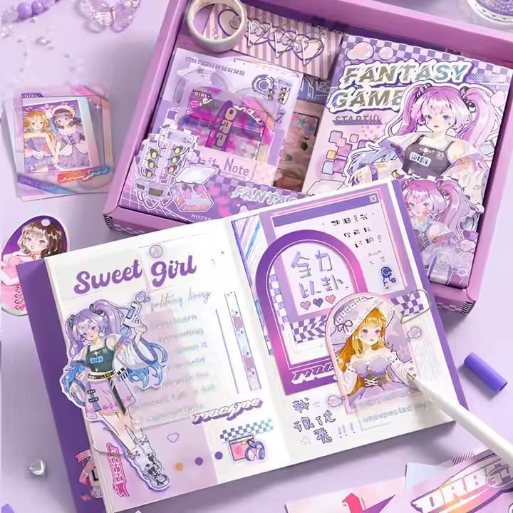 Image of VIBE VISTA Vintage Aesthetic Scrapbook Kit, 346 Pcs, A6 Grid Notebook, Washi, Envelopes, Scrapbook Papers, Folding Labels, Background Papers, Photo Frames, Calendar Stickers, Stickers (Fantasty Game)