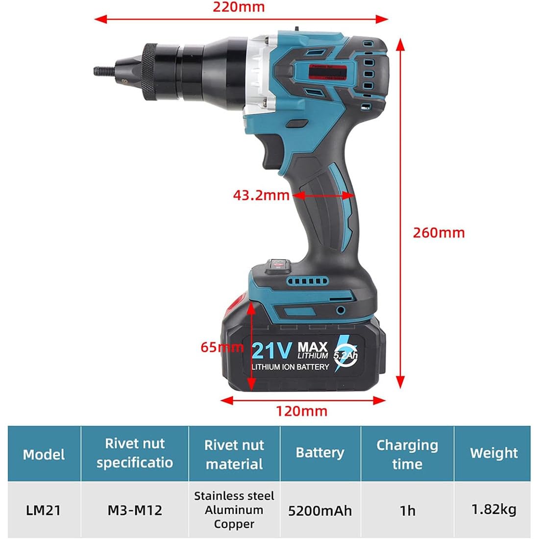 Herramienta Remachado De Tuercas Inalámbrica, Máquina Tuercas De Remachado Eléctrica Automática 21V con Batería, Pistola De Tuercas De Remache Automática, con Luz LED 1Battery-5200mAh