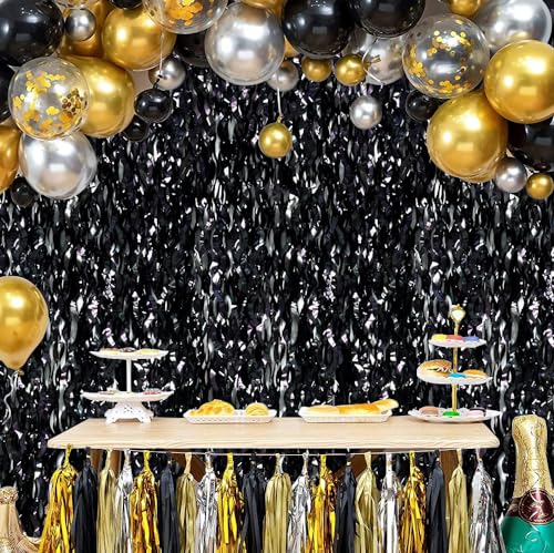 Image of TONIFUL 3Pcs Wavy Metallic Tinsel Foil Fringe Curtains Black Streamer Backdrop for Photo Booth Props,Party Door Wall Curtain,Bachelorette,Birthday,Halloween,80s 90s Grad Party Decor (9.9ft x 6.6ft)