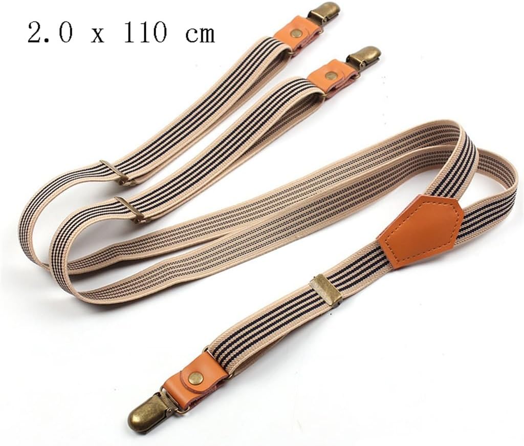 Y Strap Clip with Three Clips of Genuine Leather Strap and Pants Strap with Striped Suspender Strap(White-Patch Five-Pointed star4)