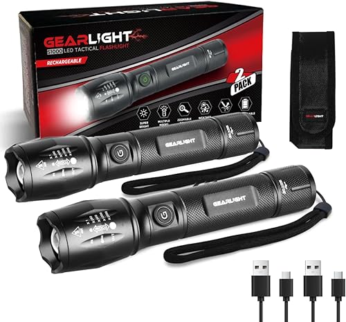 GearLight Linterna táctica LED S1000  lúmenes altos, carga rápida USB-C, doble botón, IPX4 resistente al agua, tamaño de bolsillo para camping y